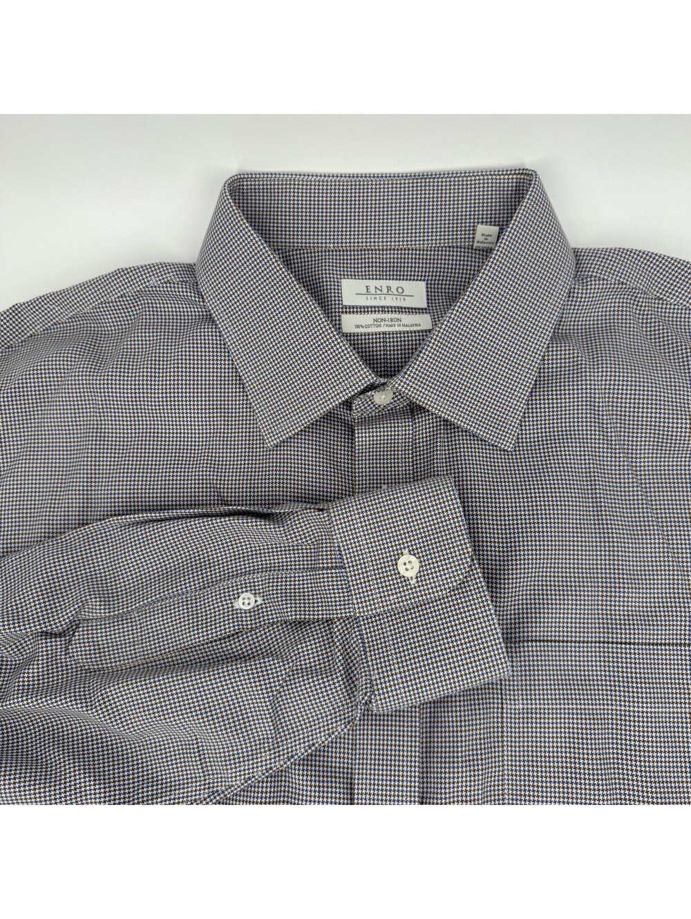 Enro Button Shirt 17.5 36/37 Cotton Non Iron Brown Blue Professional Office Men